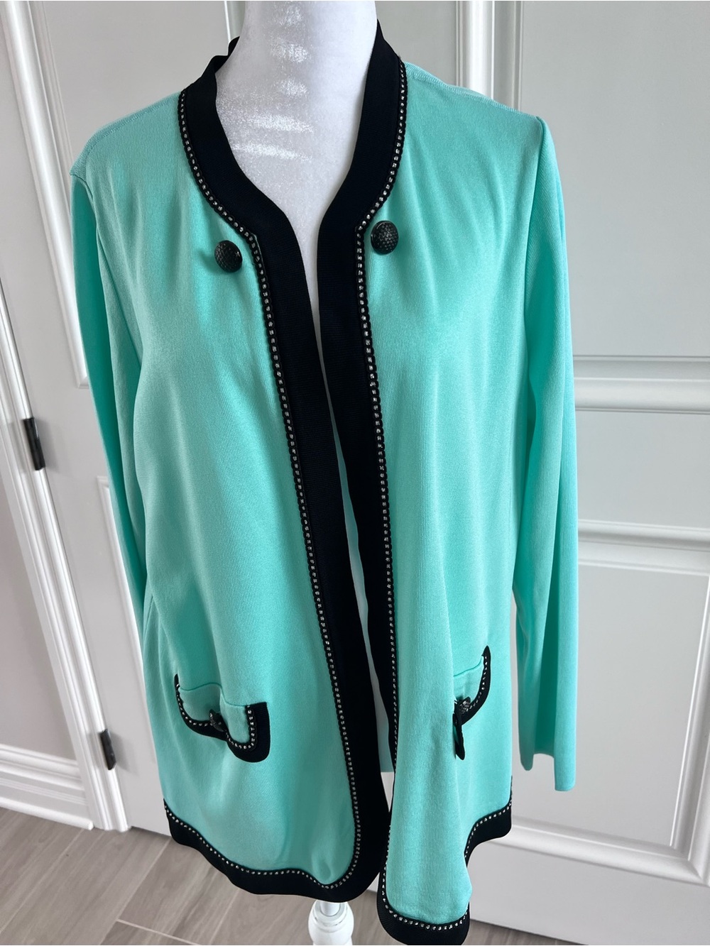 Misook Teal Open-Front Jacket with Black Trim